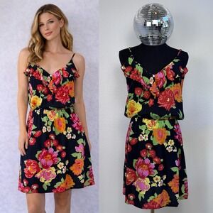 Y2K Mimi Chica Floral Ruffle V-Neck Mini Dress Womens Small Black Nordstrom